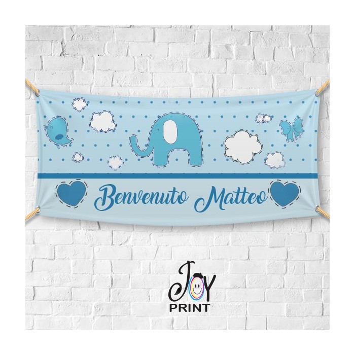 Striscione Nascita Baby Personalizzato Elefante Sesso Maschietto Dimensioni  80x100 Cm