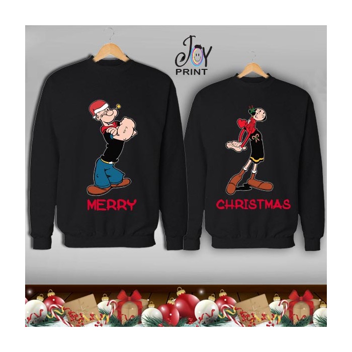 Coppia di felpe Personalizzate Braccio di Ferro Natale Scure Idea Regalo Colore Nero Taglia uomo S Taglia donna S