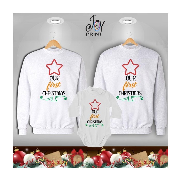 Tris di Felpe/Lupetto Family Natale Il Nostro Primo Natale Bianco Tris di Felpe/Lupetto Family Natale Il Nostro Primo Natale Bianco