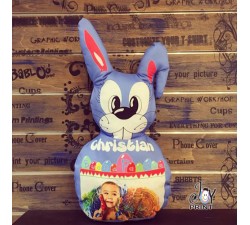 Cuscino Pasqua Sagomato Coniglietto blu personalizzato con foto e nome