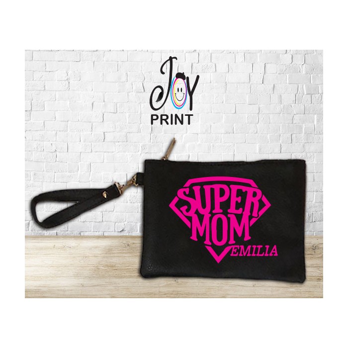 Pochette donna festa della mamma Super Mom personalizzata con nome Fuxia
